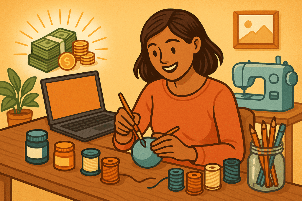 Cartoon-style woman at a crafting table, painting an ornament with an open laptop to her left and the dream of creating income.