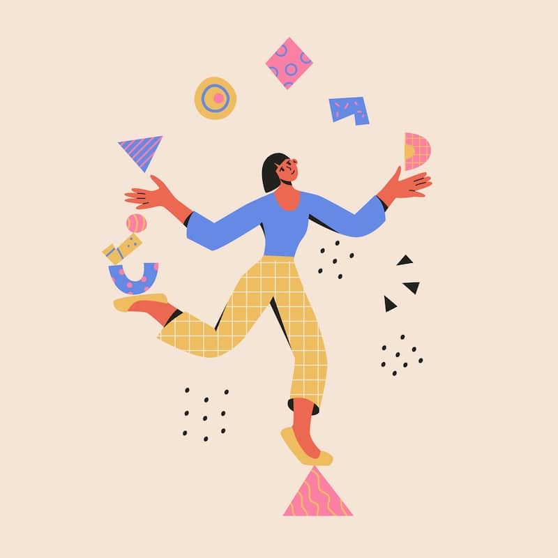 Multitasking concept. Woman balances on a triangle and juggle abstract shapes. Modern vector cartoon flat illustration in trendy colors. Time management, productivity, skillful.
