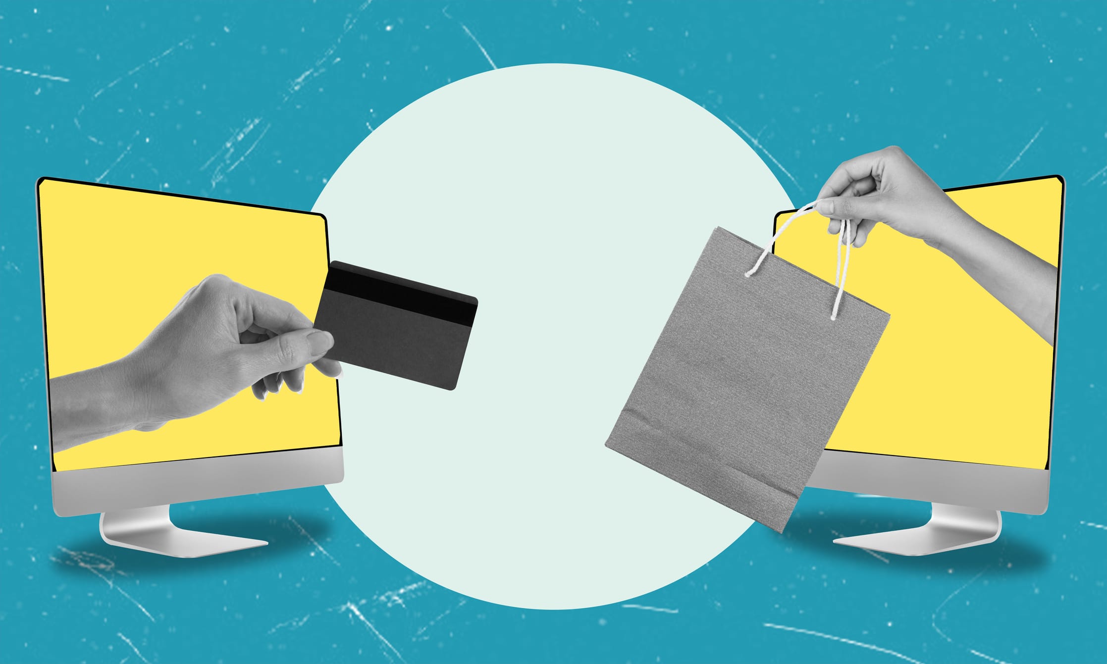 Hands Reaching Through Computer Screens for Credit Card and Shopping Bag. Two hands are reaching through computer screens, one holding a credit card and the other holding a shopping bag. The screens have yellow backgrounds and are set against a teal backdrop with a white circle in the center.